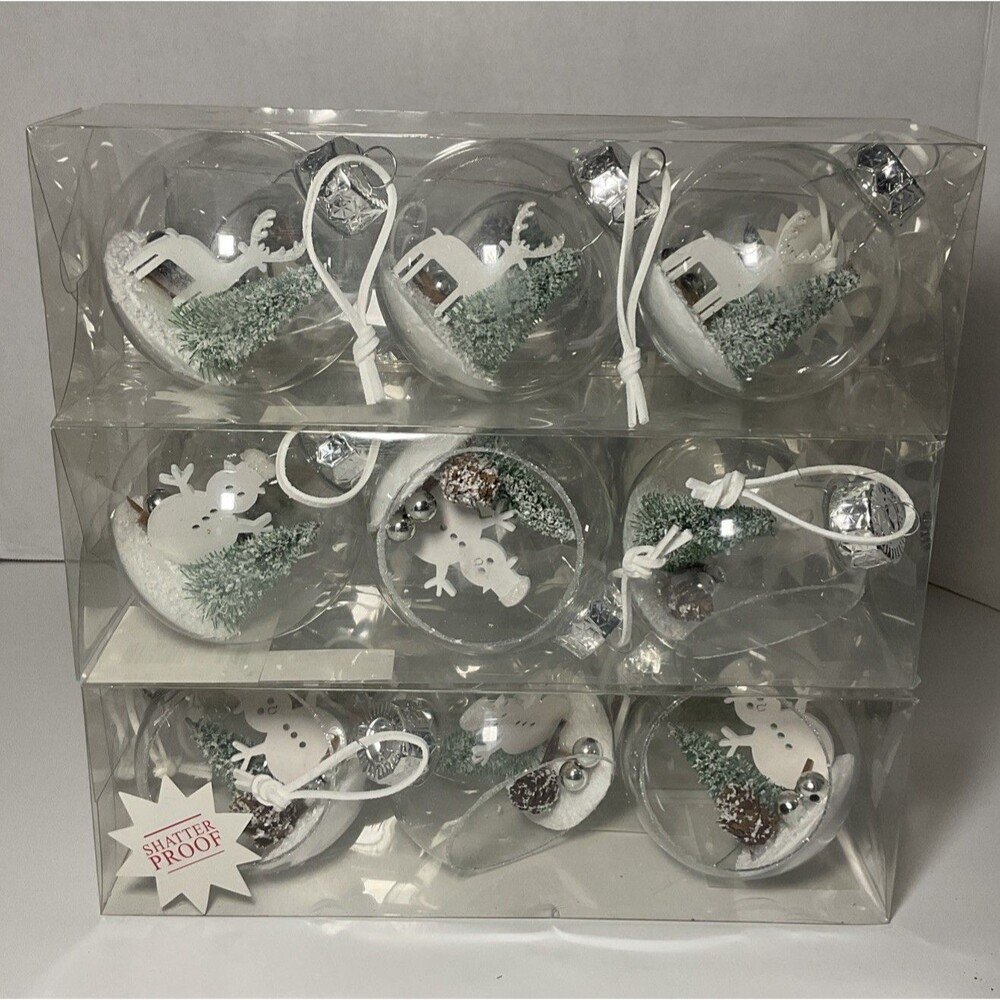 Aspen Cove Deer & Pinecone And Snowman Ornaments Clear Plastic Ball 18pcs